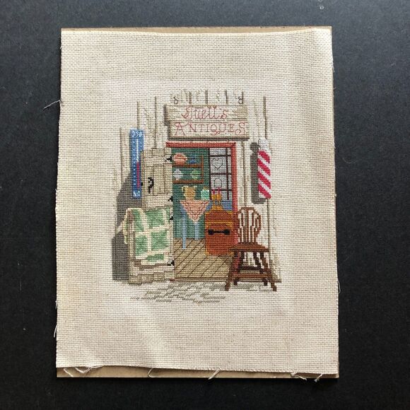 Needlepoint Picture Juells Antiques Shop Vtg Handmade 90 Unframed Cross Stitch - Picture 2 of 9